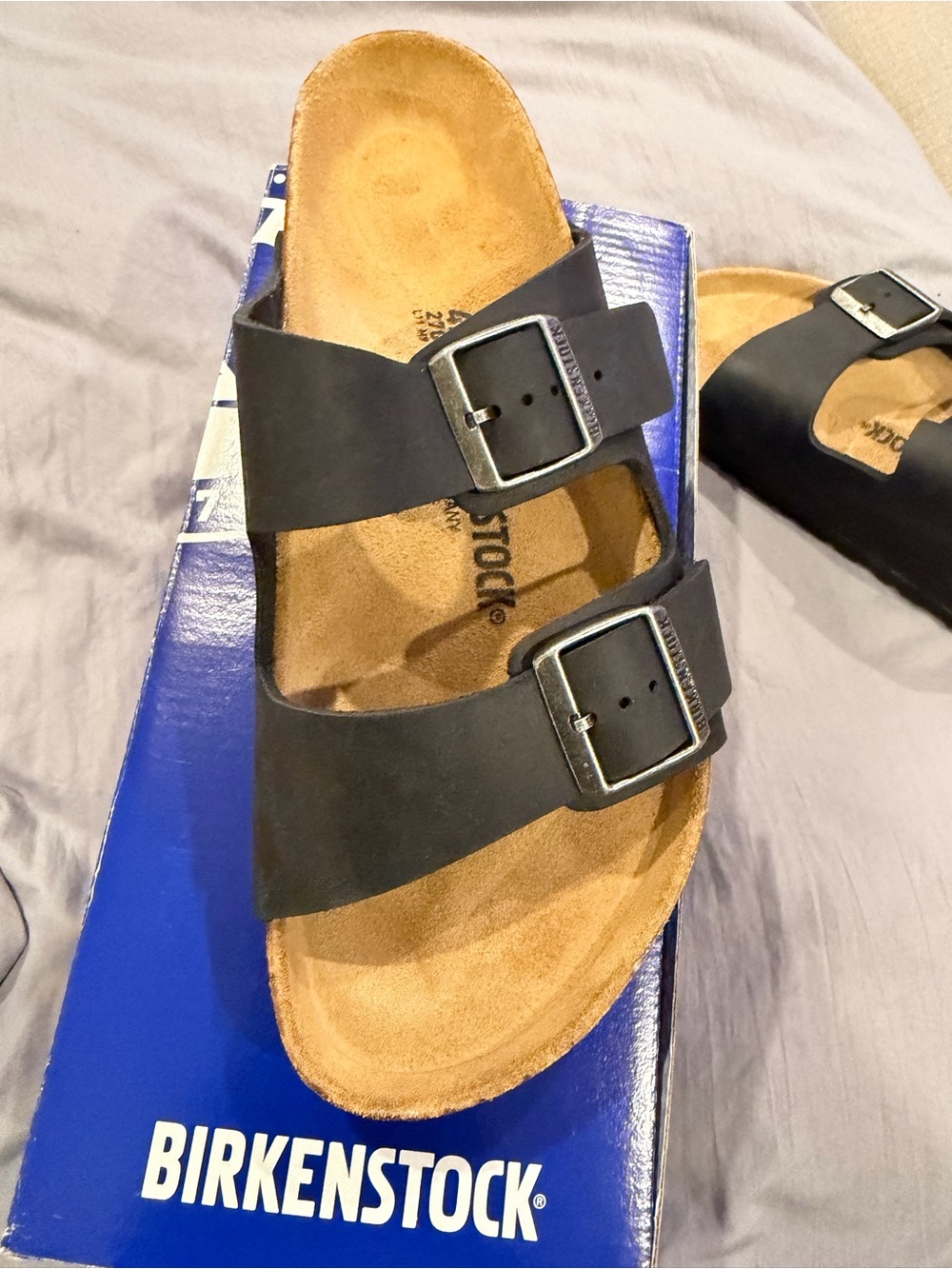 Birkenstock Arizona Black Two-Buckle size 42 unisex with Natural Footbed